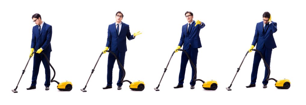 Young handsome businessman with vacuum cleaner isolated on white