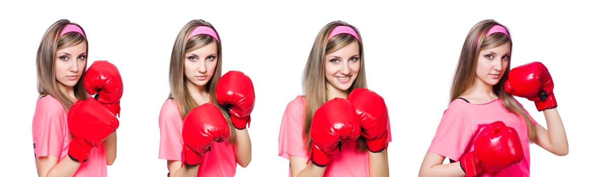 Young lady with boxing gloves on white