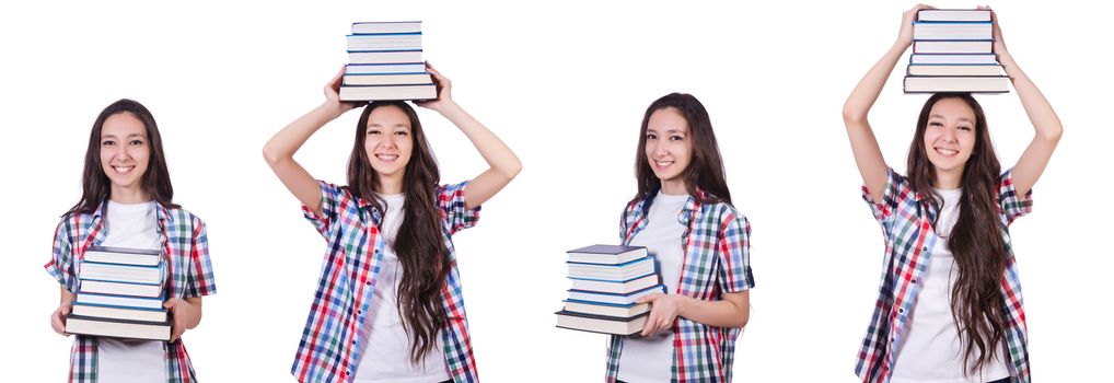 Student girl with many books on white