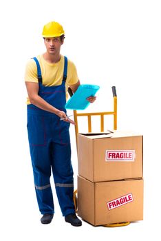 Young contractor with fragile boxes isolated on white
