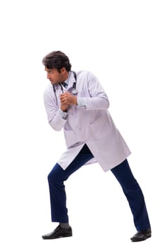 Young handsome doctor under pressure isolated on white