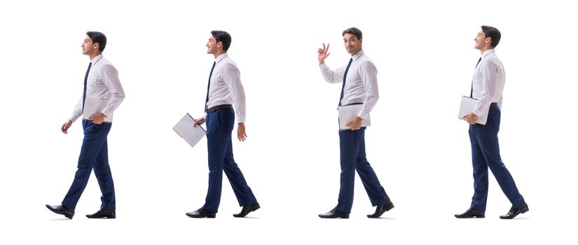 Businessman walking standing side view isolated on white background