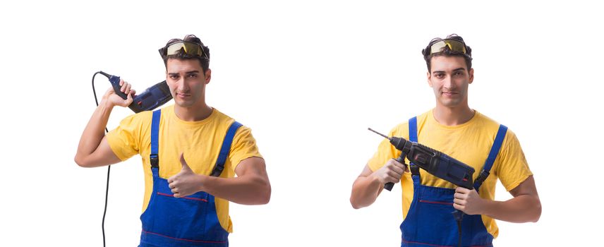 Contractor employee with hand power drill on white background