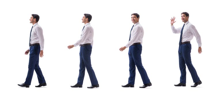 Businessman walking standing side view isolated on white background