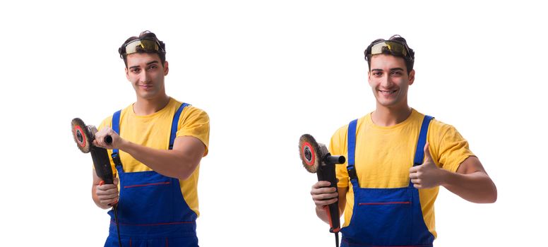 Contractor employee with sander isolated on white background