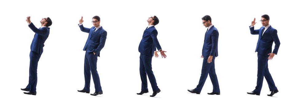 Businessman walking standing side view isolated on white background
