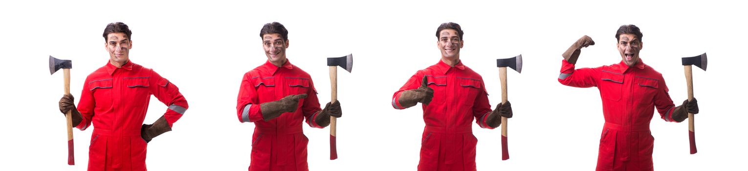Contractor employee with axe on white background