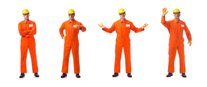 Contractor employee wearing coveralls isolated on white