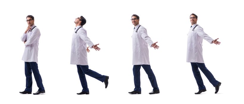 Young doctor physician standing walking isolated on white background