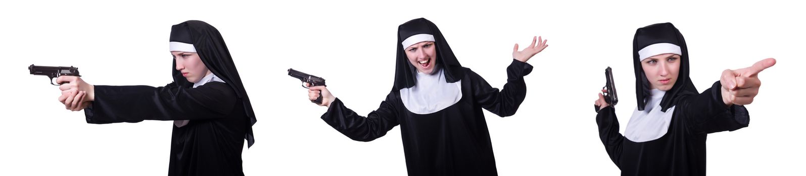 Nun with handgun isolated on white