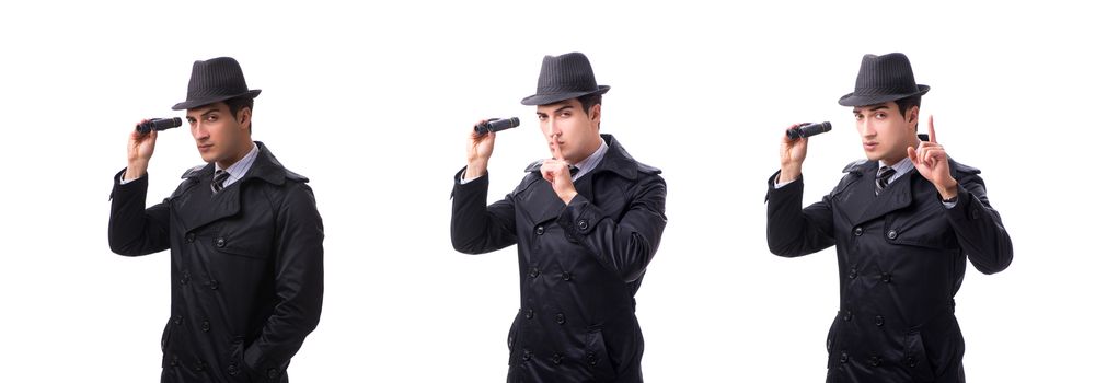 Spy with binoculars isolated on white background