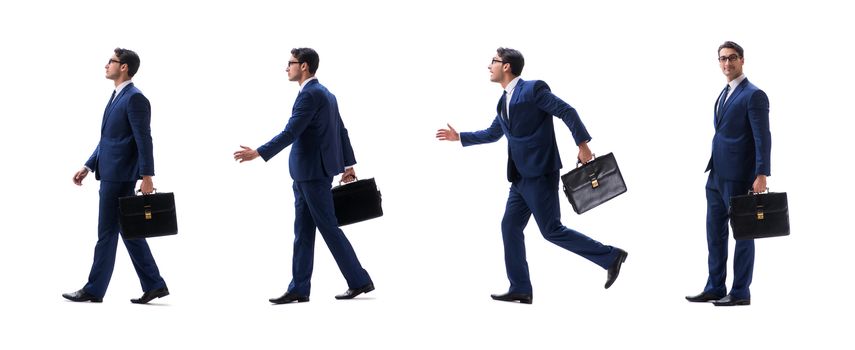 Businessman walking standing side view isolated on white background