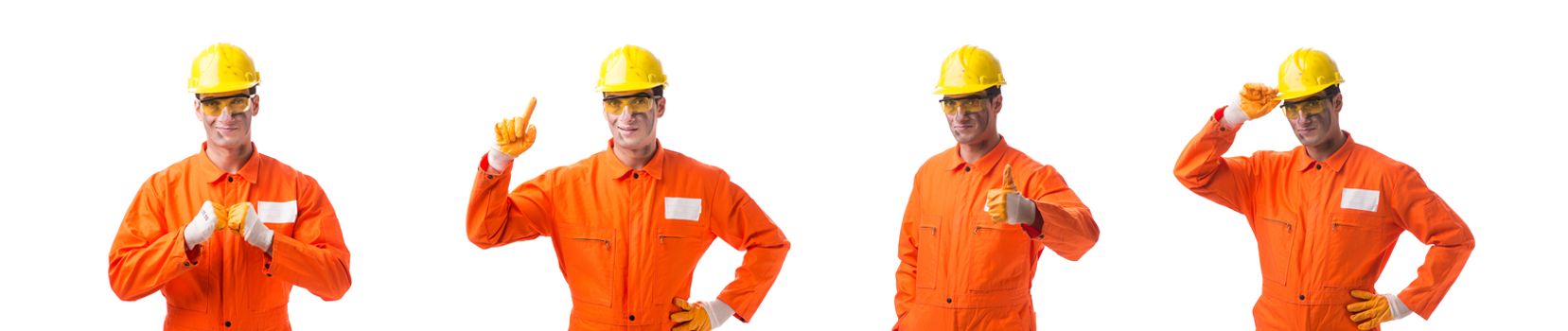 Contractor employee wearing coveralls isolated on white