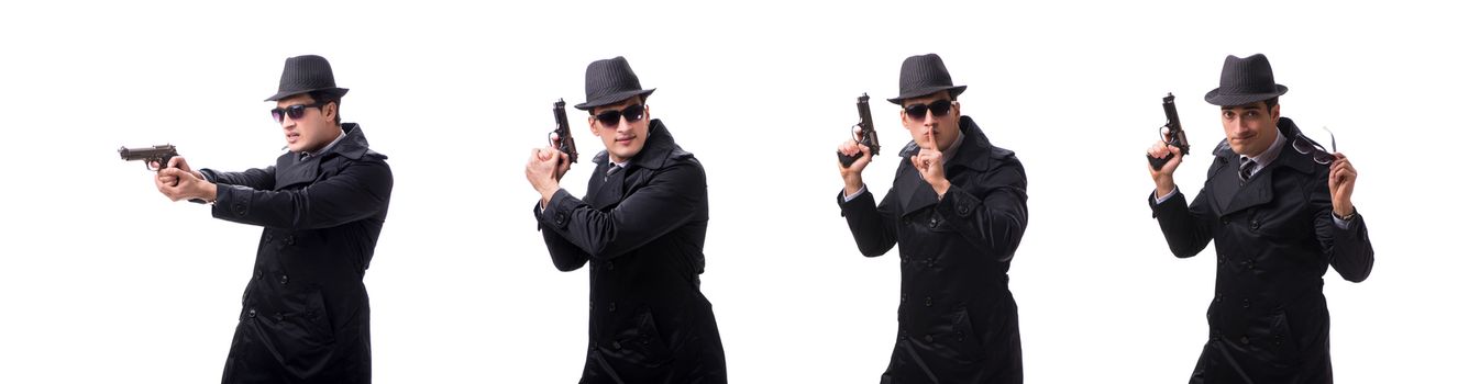 Man spy with handgun isolated on white background