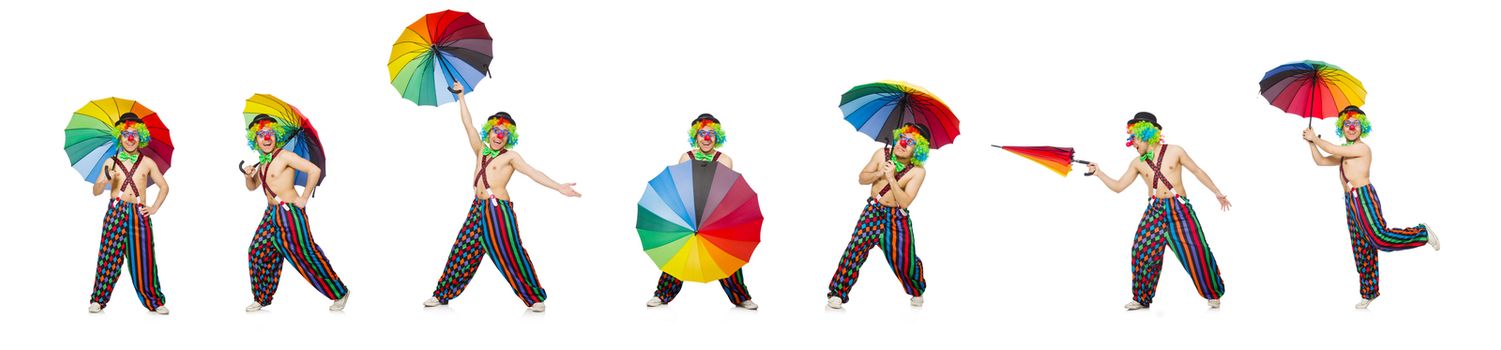 Clown with umbrella isolated on white