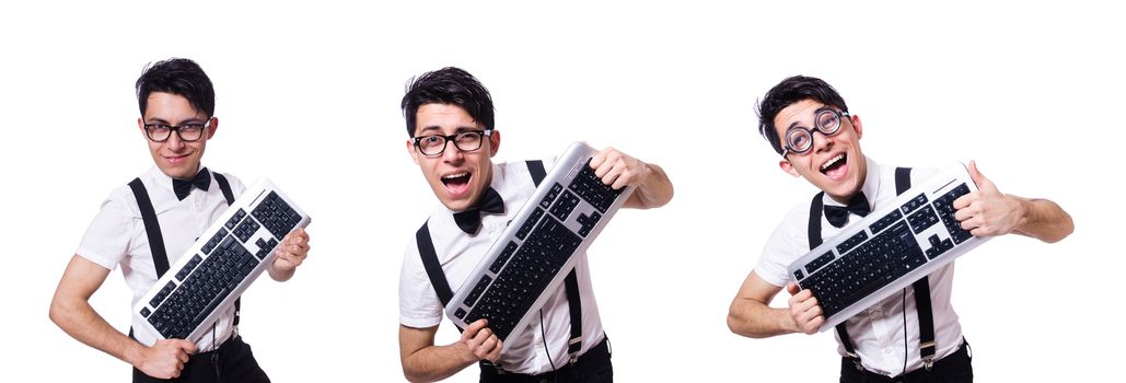 Nerd hacker with computer keyboard on white