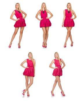 Young woman in pink dress isolated on white