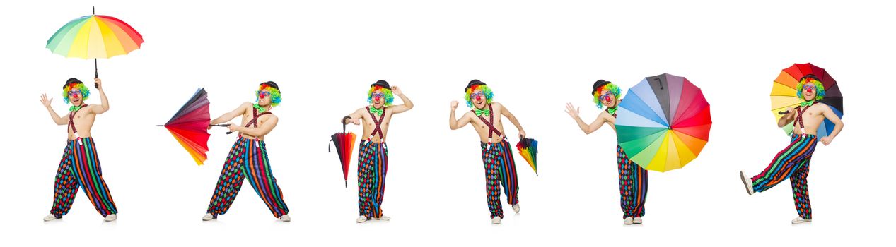Clown with umbrella isolated on white