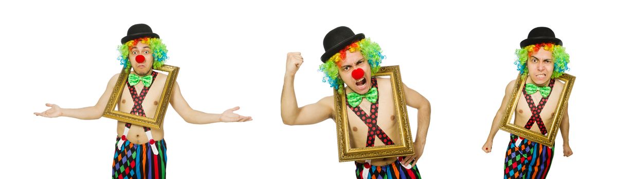 Clown with picture frame isolated on white