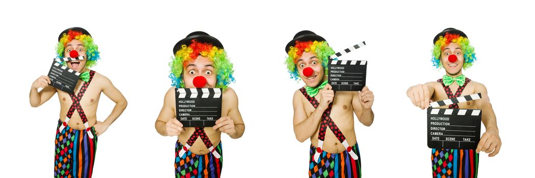 Clown with movie board on white