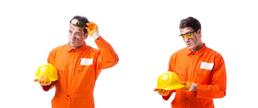 Contractor employee wearing coveralls isolated on white