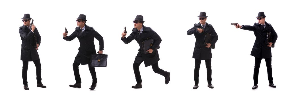 Man spy with handgun isolated on white background