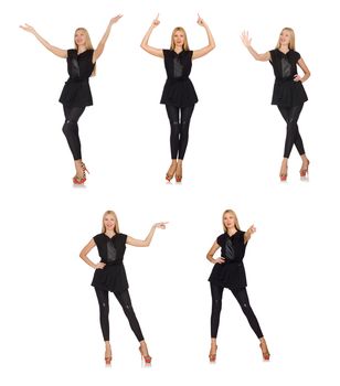 Pretty woman in tight black pants isolated on white