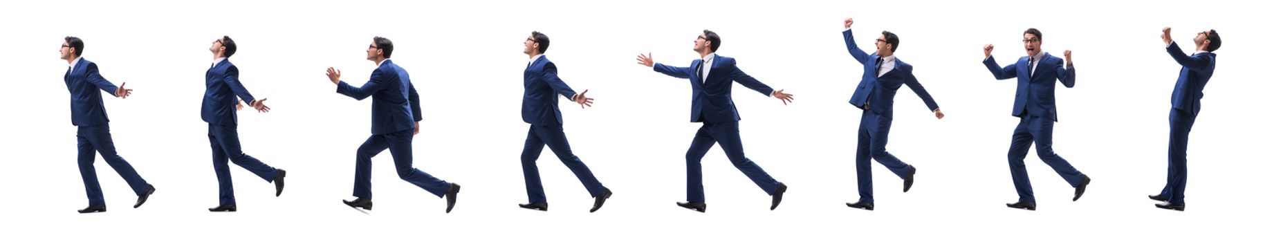 Businessman walking standing side view isolated on white background