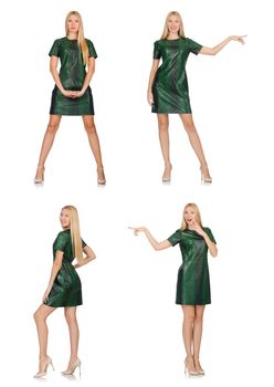 Young woman in green dress isolated on white