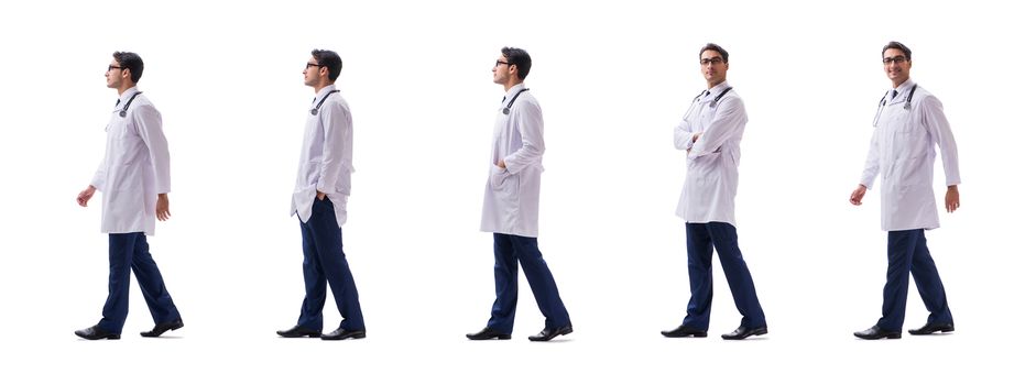Young doctor physician standing walking isolated on white background