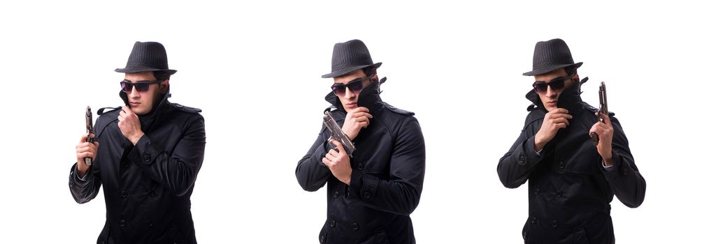 Man spy with handgun isolated on white background
