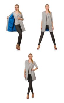 Pretty woman in gray blouse isolated on white
