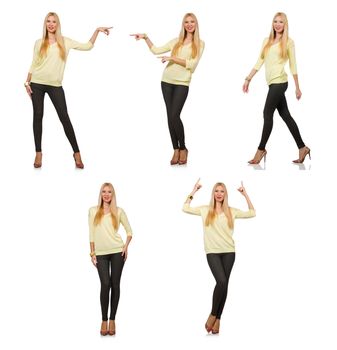 Pretty woman in yellow blouse isolated on white