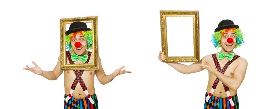 Clown with picture frame isolated on white