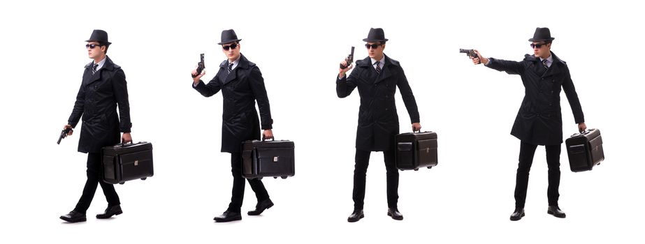 Man spy with handgun isolated on white background
