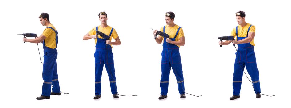 Contractor employee with hand power drill on white background