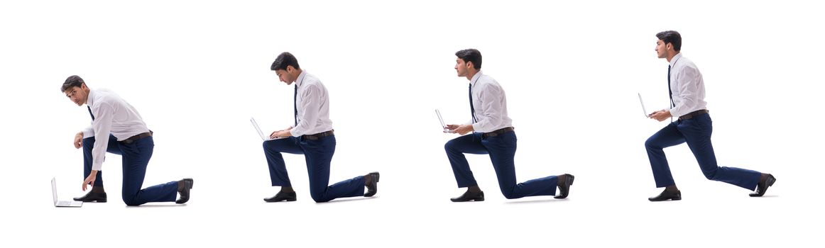 Businessman walking standing side view isolated on white background