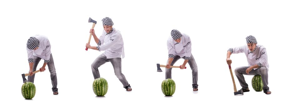 Young male cook with watermelon isolated on white