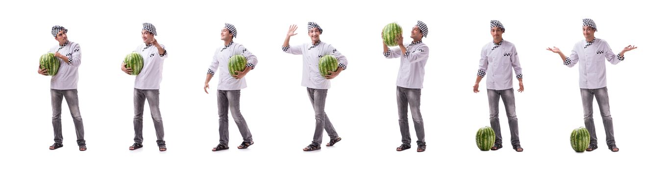 Young male cook with watermelon isolated on white