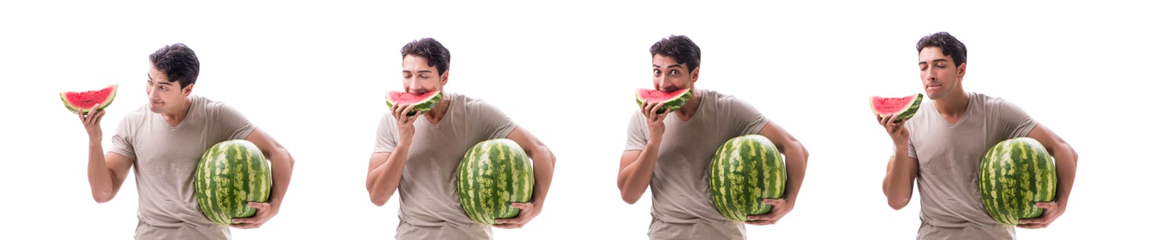 Young man with watermelon isolated on white