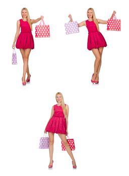 Woman after good christmas shopping isolated on white