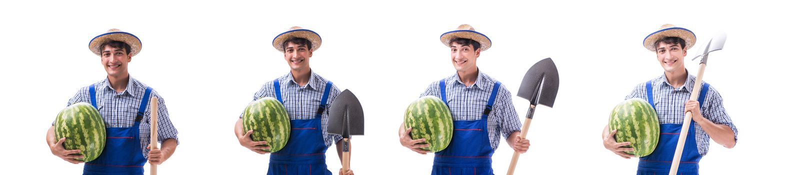 Young farmer with watermelon isolated on white