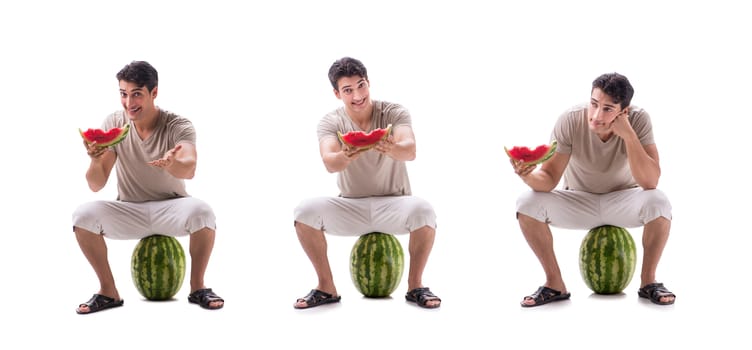 Young man with watermelon isolated on white