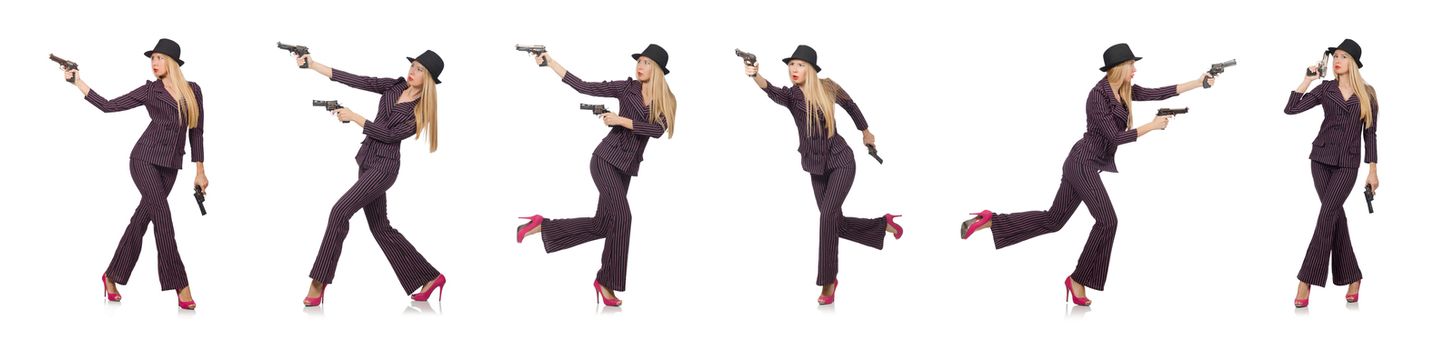 Young woman gangster with gun on white