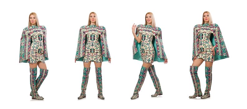 Model wearing dress with Azerbaijani carpet elements isolated on white