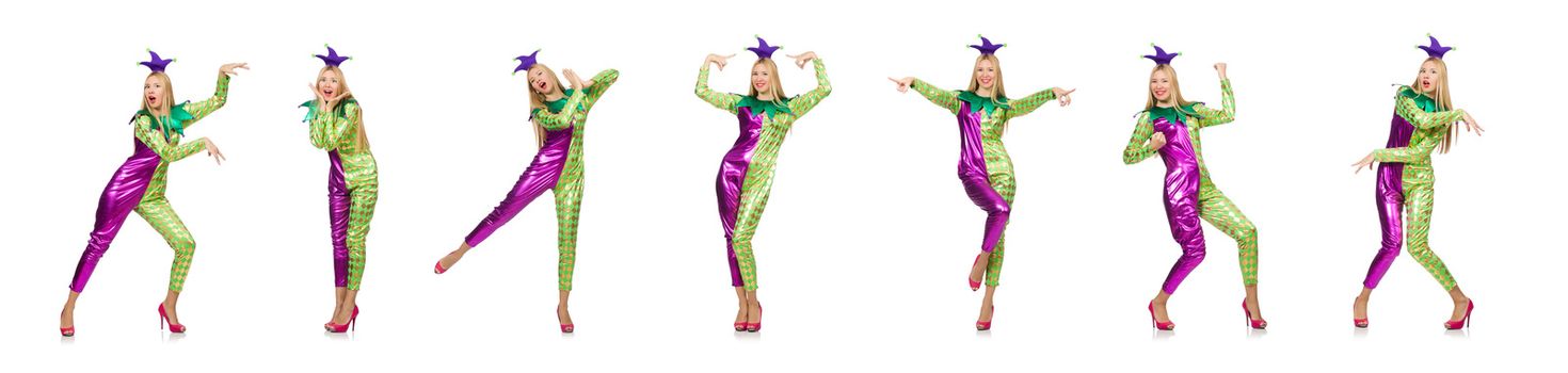 Woman wearing clown costume isolated on white