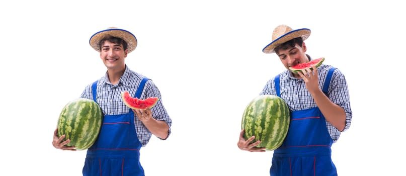 Young farmer with watermelon isolated on white