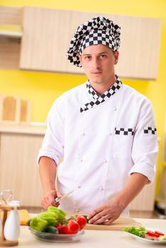 Young professional cook preparing salad at kitchen