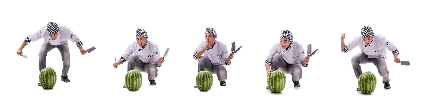 Young male cook with watermelon isolated on white
