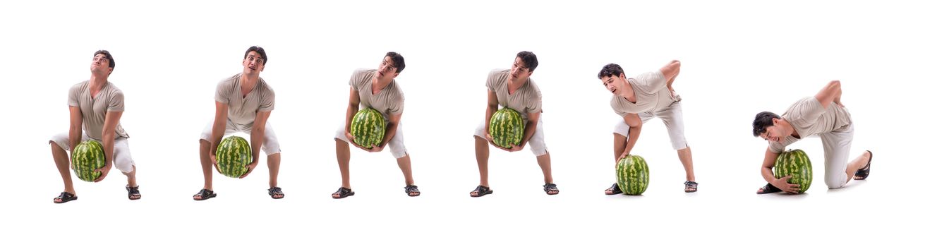 Young man with watermelon isolated on white